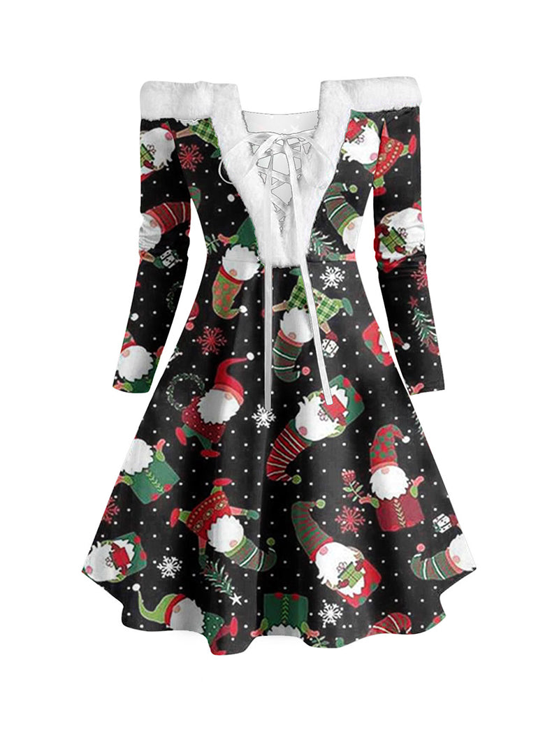 Christmas Printed Female Plush Collar Stitching Long Sleeve Tether Dress