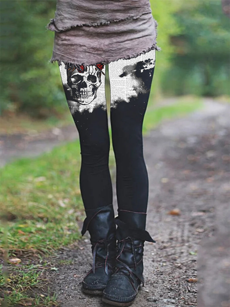 Women's Gothic Ink Newspaper Skull Rose Print Skinny Yoga Pants