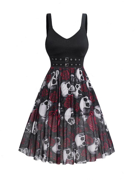 Halloween Mesh Skull Printing Slip Dress