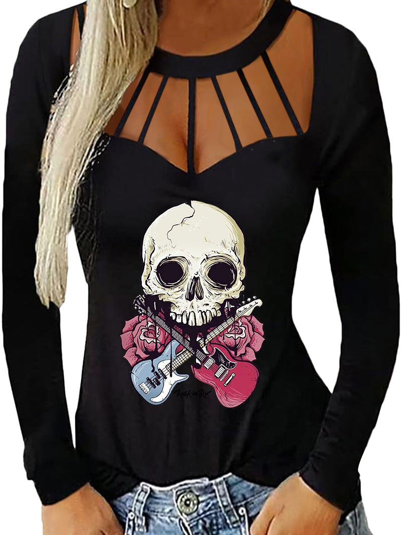 Sexy Gothic Style Skull Guitar Binding Hollow-out Tight T-shirt