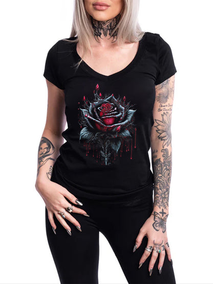 Women's Blood Drop Rose Printed Casual T-shirt