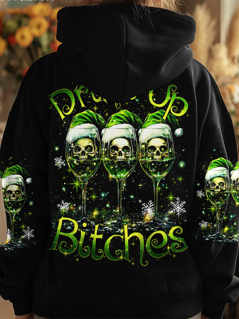 Women's Christmas Skull Green Wine Glass Print Hoodie