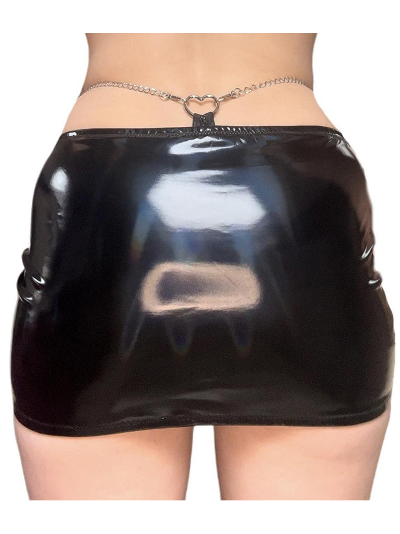 Dark Sexy Style Chain Stitching Decorative Bright Leather Hip Skirt