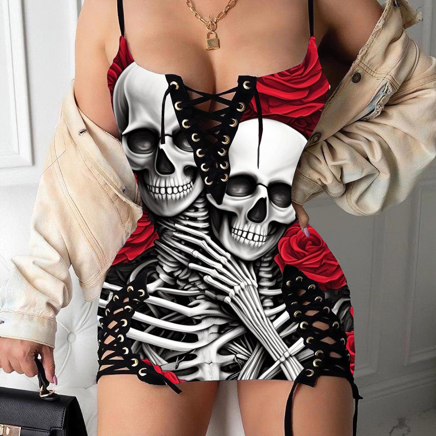 Love Skull Rose Print Sexy V-neck Eyelet Lace-up Suspension Dress