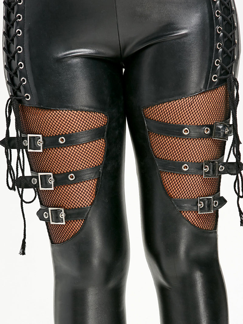 Women's Fashion Fishnet Hollow out Leather Ring Tight Leather Pants