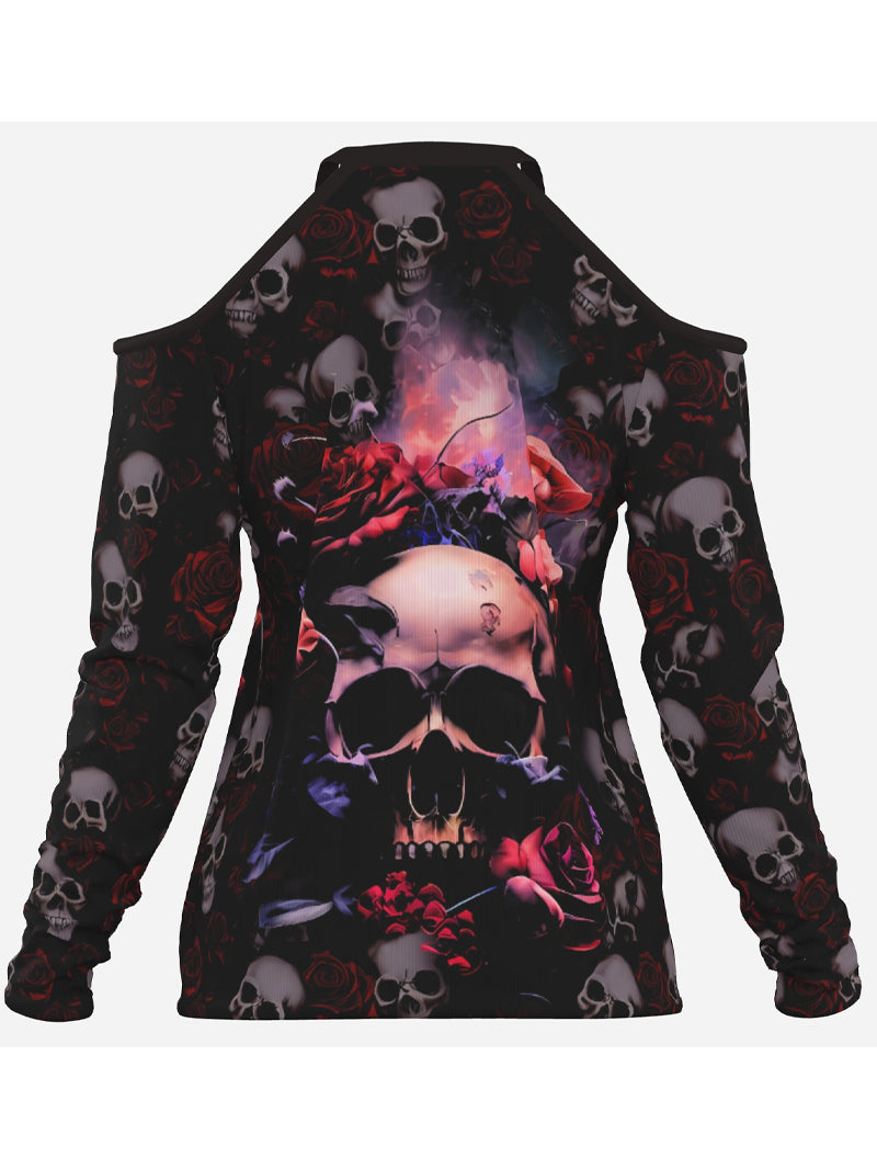 Sexy Women's Gothic Skull Print off-Shoulder Braces Long Sleeve Top