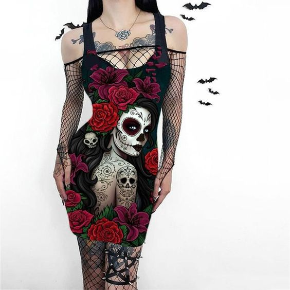 Sexy Kleid mit Gitterärmeln und mexikanischem Totenkopf-Mädchen-Print