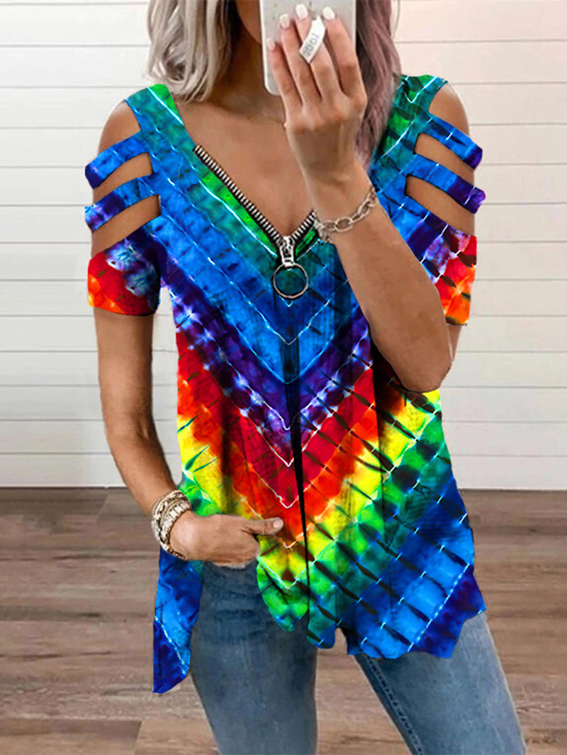 Contrast Printed V-neck Zipper Short-sleeved T-shirt