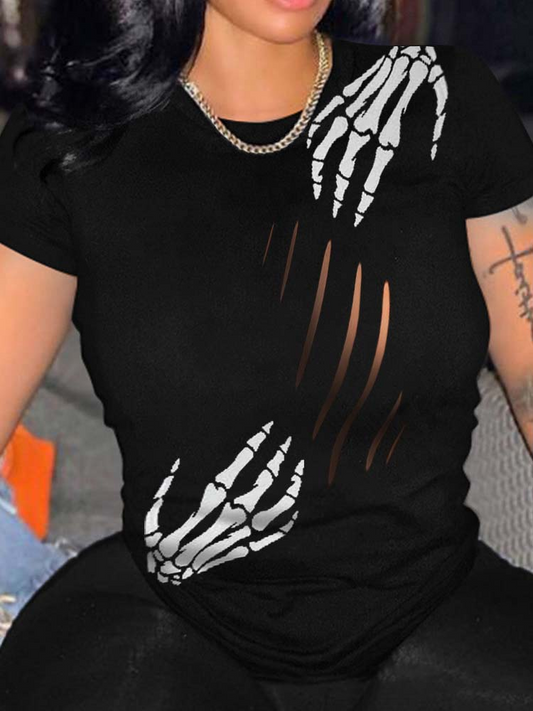 Skull Print Cutout T-Shirt