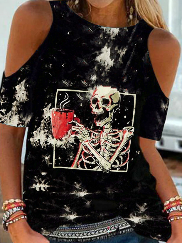 Fun Skull Head Coffee off-the-Shoulder T-shirt
