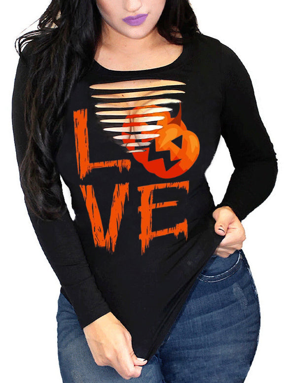 Love Halloween Print Round Neck Long Sleeve T-Shirt