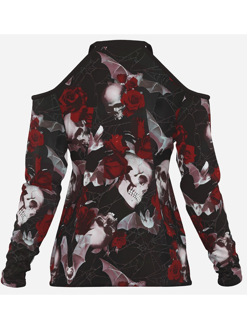 Sexy Women's Gothic Bat Spider Web Skull Print off-Shoulder Brands Long Sleeve Top