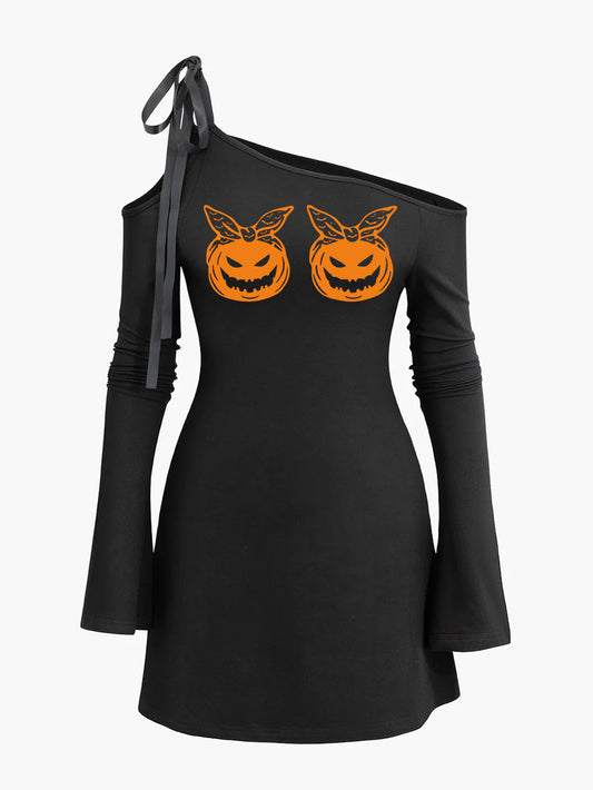 Halloween Pumpkin Print Shoulder Lace-up Diagonal Collar Dress