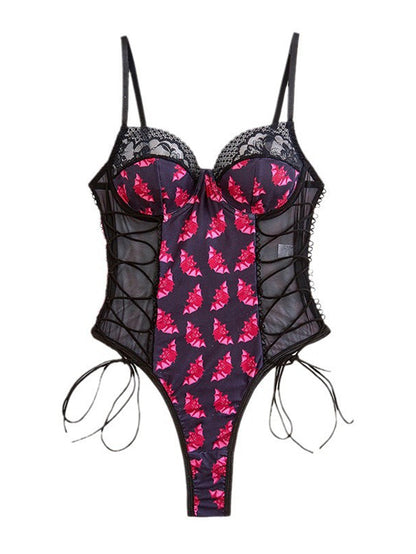 Sexy Bat See-through Lace Stitching Tied Jumpsuit Suspender Underwear