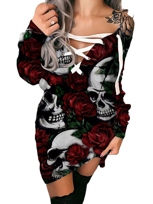 Woman Gothic Rose Skull Printed V-neck Bandage Sexy Dress