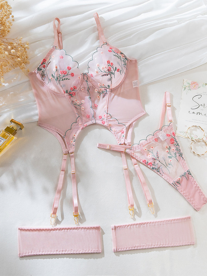 Sexy Mesh Embroidered Small Floral Garter Underwear Suit