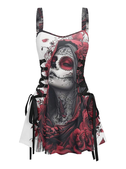 Gothic Red Hat Girl Printed Lace up Suspension Skirt