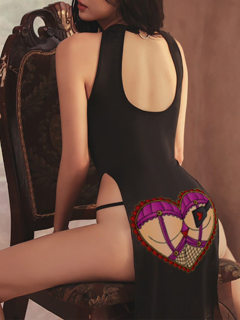 Sexy Love Cartoon Printing Halter Tight Side Slit Dress Underwear Suit