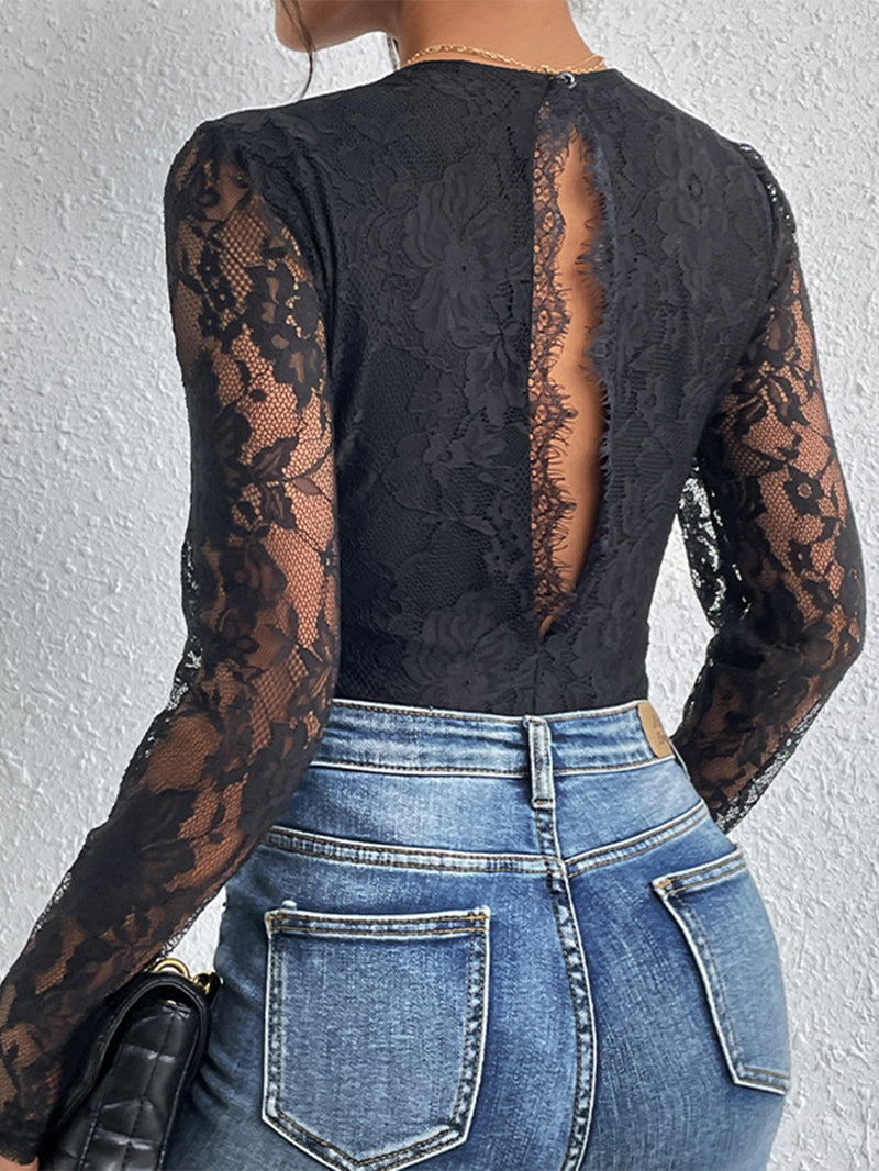 Fashion Women's Wear Lace Long Sleeve Tight Jumpsuit