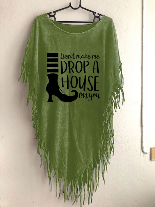 Women's Halloween Witch Quotation Print Tassel Shawl T-shirt