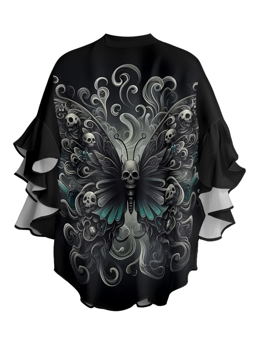 Skull on butterfly V-neck Ruffle Blouse