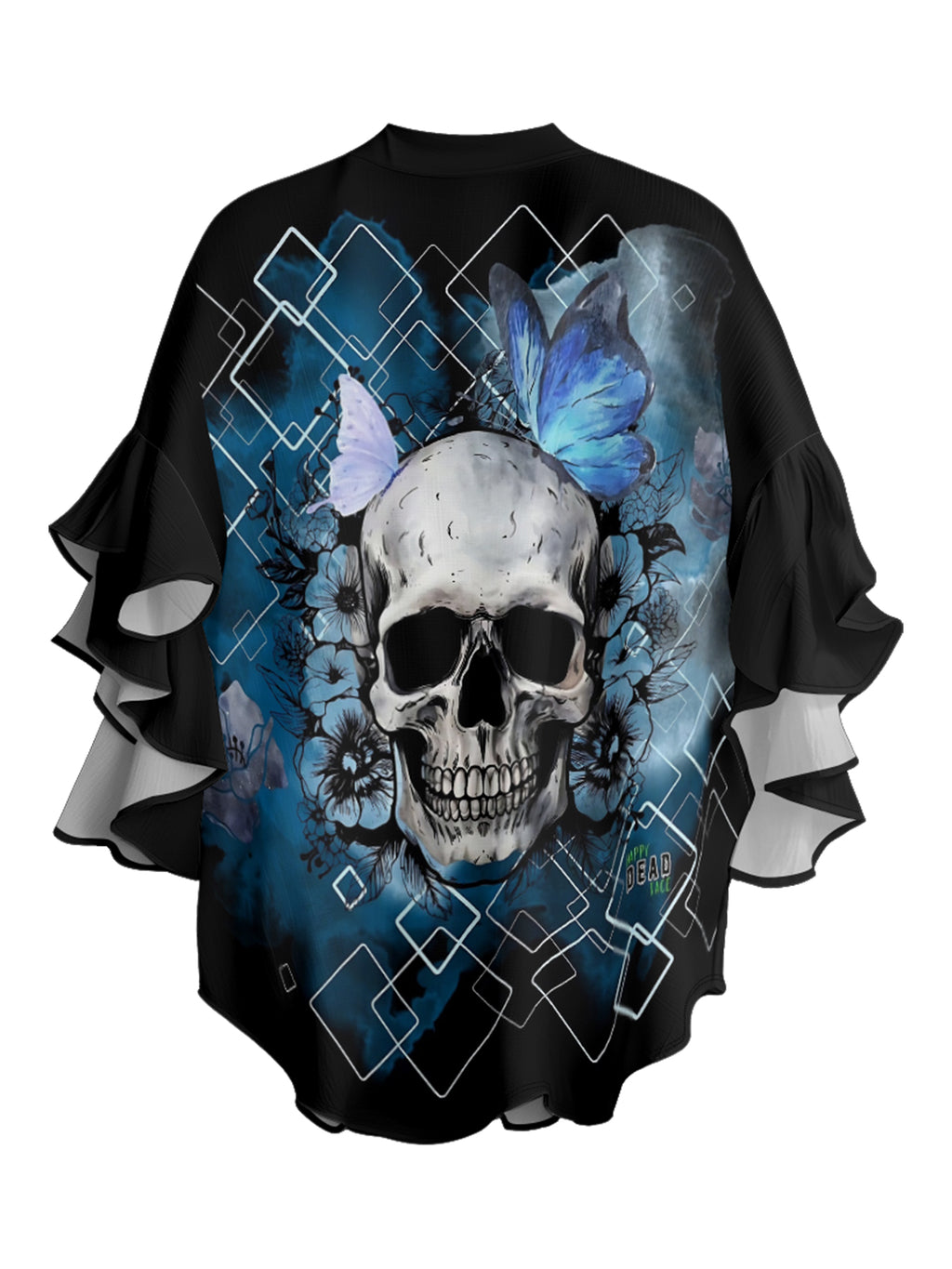 Geometric butterfly flower skull V-neck Ruffle Blouse