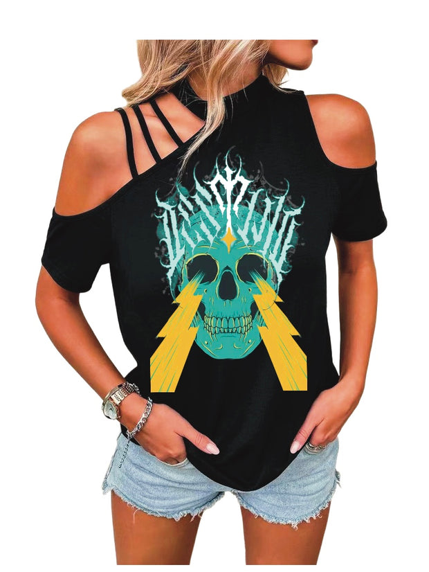 Lightning Skull Printed round Neck off-the-Shoulder Hollow-out T-shirt