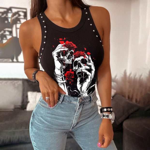 Gothic Rose Skull Printed Threaded Rivet Stitching I-Shaped Vest
