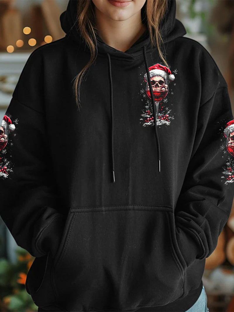 Women's Christmas Skull Red Wine Glass Print Hoodie