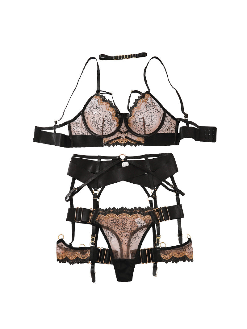 Sexy Embroidery Lace-up Cutout Underwear Garter Suit