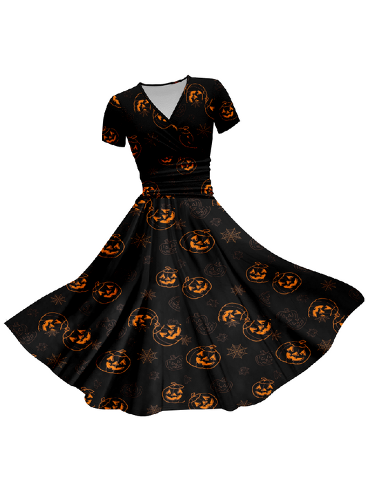 Halloween Pumpkin Printed V Neck Short Sleeve Long Dress