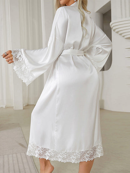 Sexy Lace Satin Belt Bathrobe Night-Robe