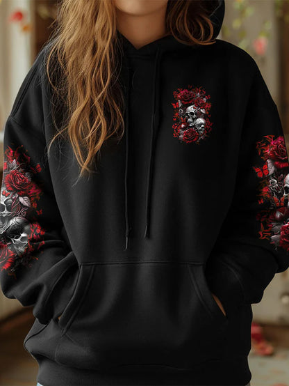 Women's Gothic Red Blood Rose Skull Print Hoodie