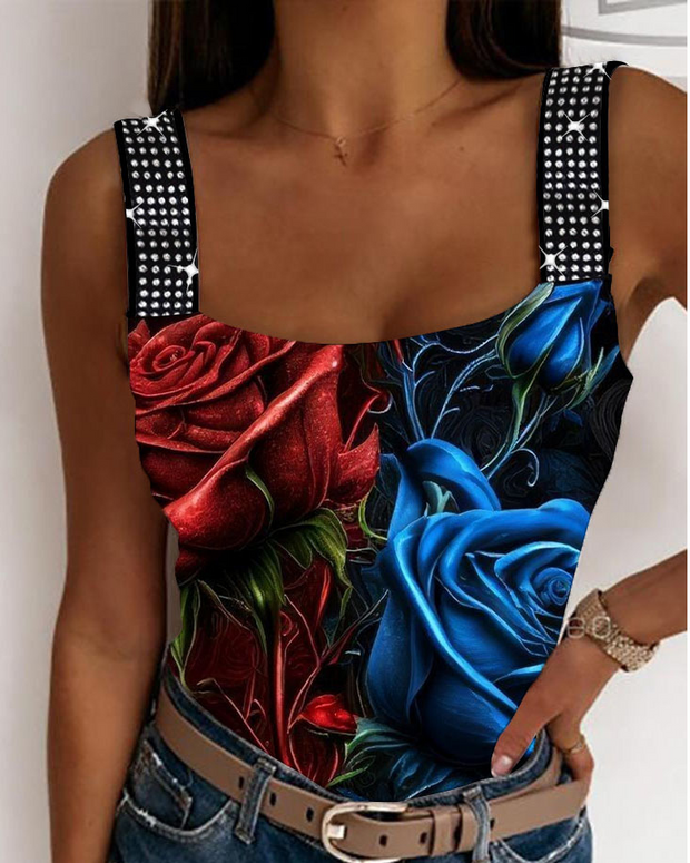 Gothic Red Blue Rose Printed Tank Top