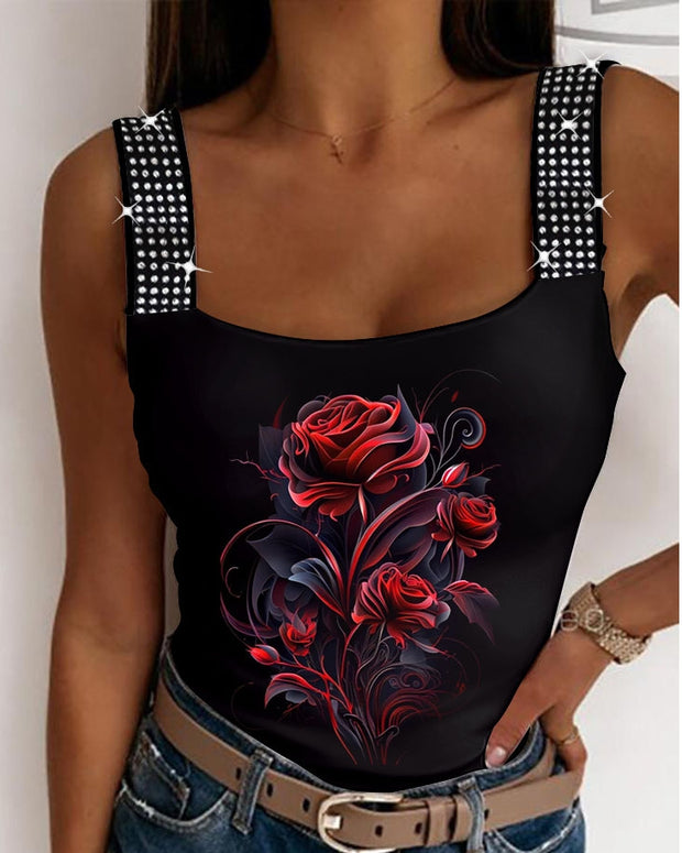 Gothic Red Rose Print Shiny Sexy Suspenders Vest