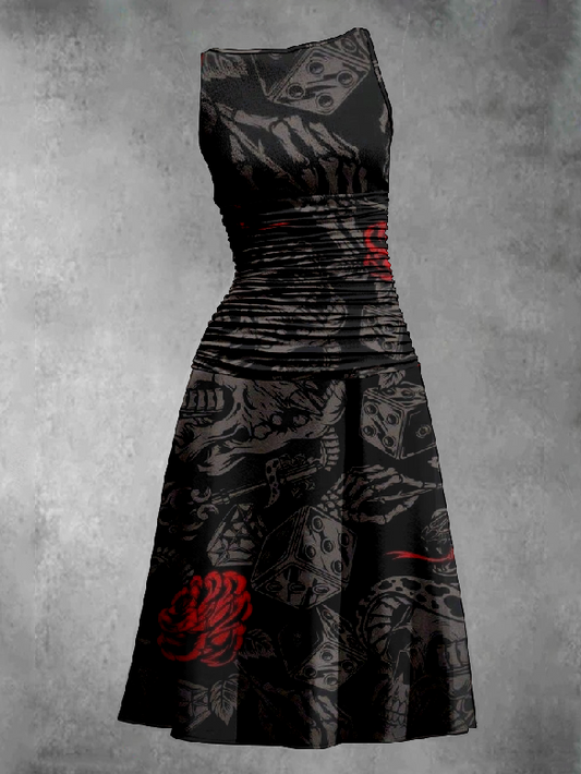 Gothic Rose Dice Printed Pleated Vest Dress