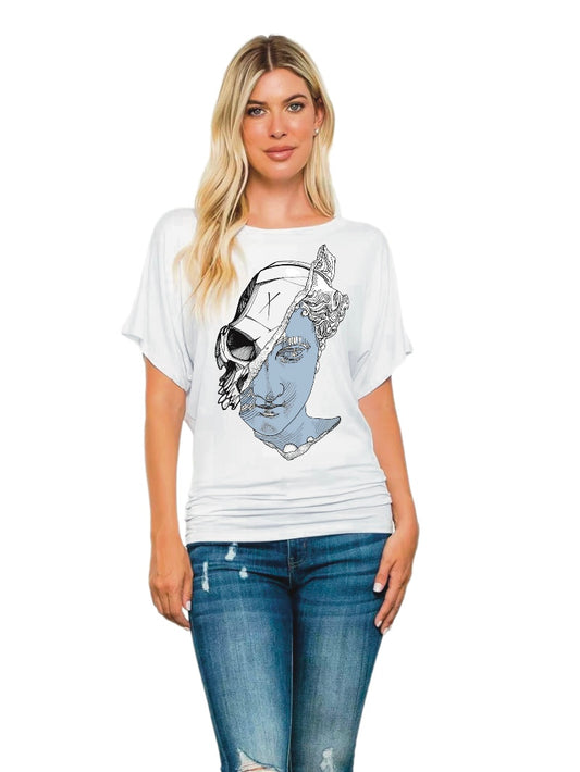 Skull Stitched Printed Batwing Sleeve round Neck Short Sleeve T-shirt