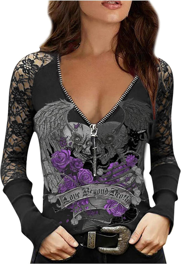 Gothic Style Print V Neck Sexy Lace Zipper Long Sleeve Top