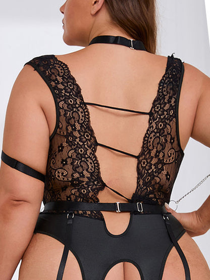 Sexy plus Size Lace See-through Garter Jumpsuit