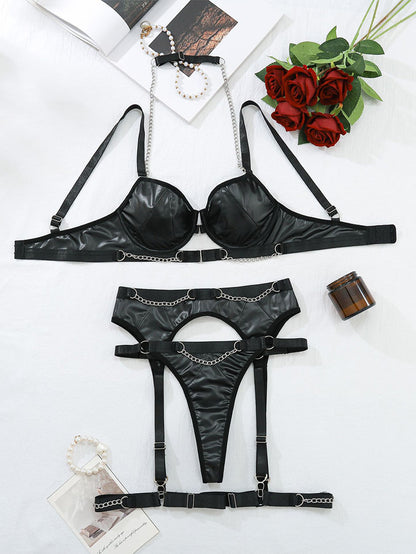 Sexy Patent Leather Metal Chain Bra Set