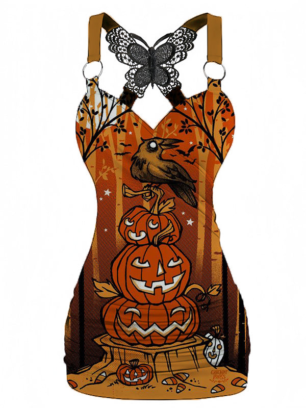 Halloween The Raven Printed V-neck Sexy Butterfly Back Dress