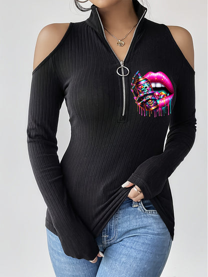 Women's Red Lip Pigment Spray Zipper Stand Collar Hollow Long Sleeve T-shirt