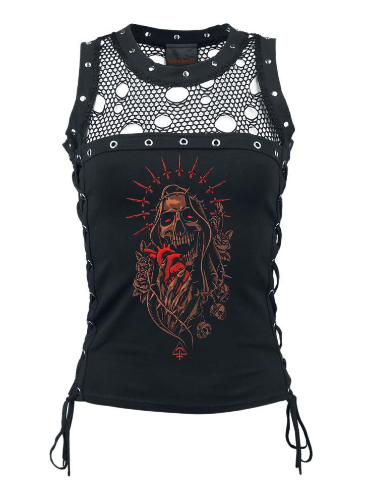 Devil Holding the Skull of the Heart Printed Lace up Sexy Tops