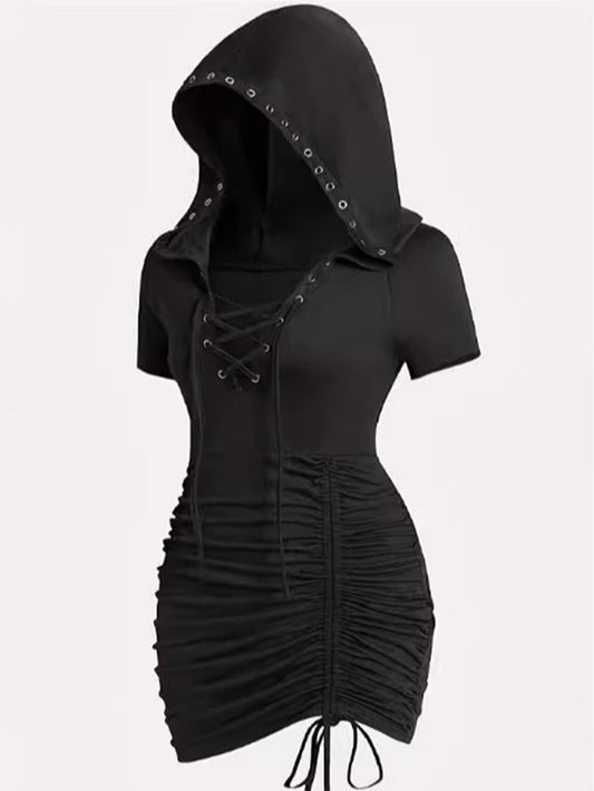 Sexy Hooded Pleated Lace-up Women's Clothing Dress