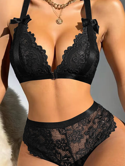 Sexy Lace Bow Ring Buckle Underwear Suit