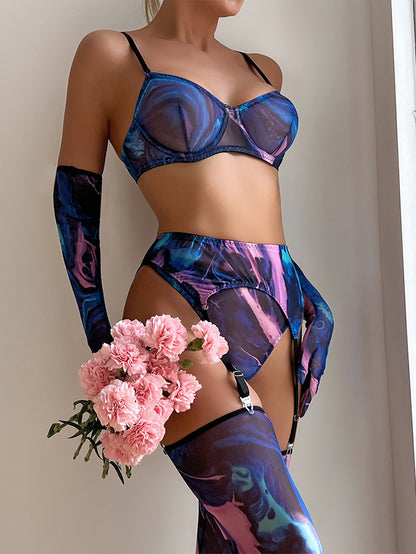 Sexy Fashion Mesh Floral Print Gloves Leg Warmer Garter Underwear Suit