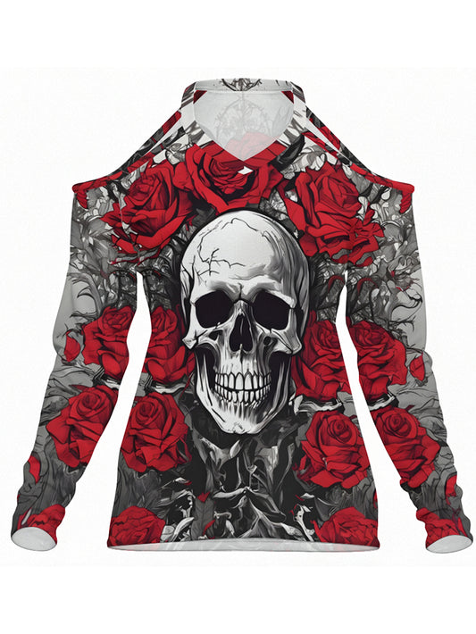 Red Rose Skull Print off-Shoulder Brands Long Sleeve Top