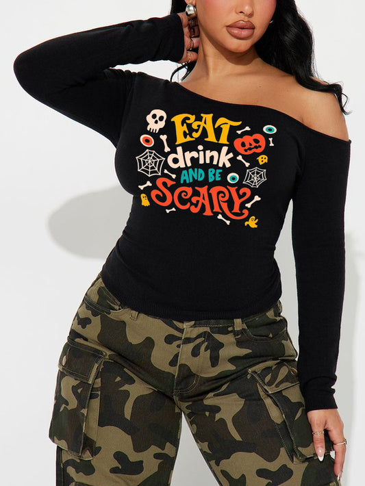 Eat Drink Be Scary Halloween Print Sexy Slant-Shoulder Pleated Long-Sleeved Top