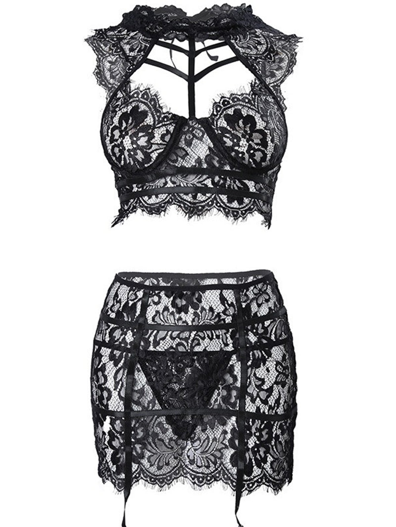 Sexy Slim-Fit Hollow-out Lace Hip Skirt Underwear Suit