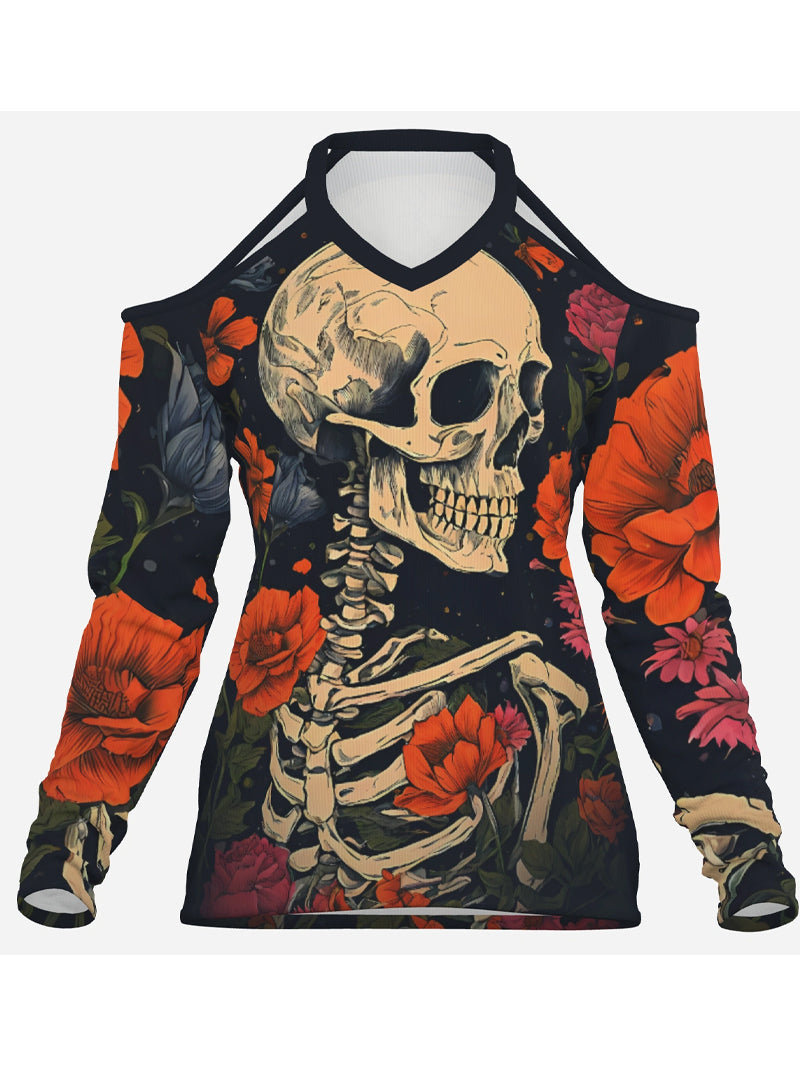 Sexy Women's Gothic Rose Skull Print off-Shoulder Brands Long Sleeve Top